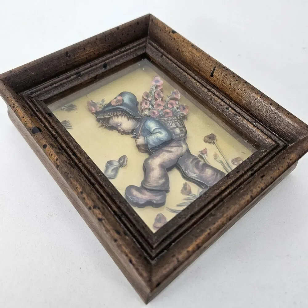 Vintage Hummel Style Shadow Box Frame 3D Art Boy with Flowers Wall Decor Mid